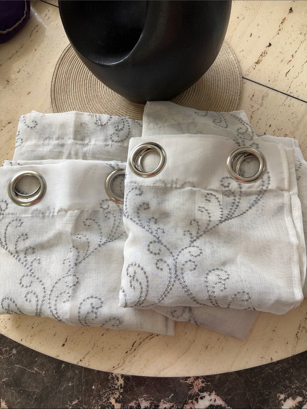 Double Panel Sheer White Curtains with silver stitching Embroidery & Metal Rings